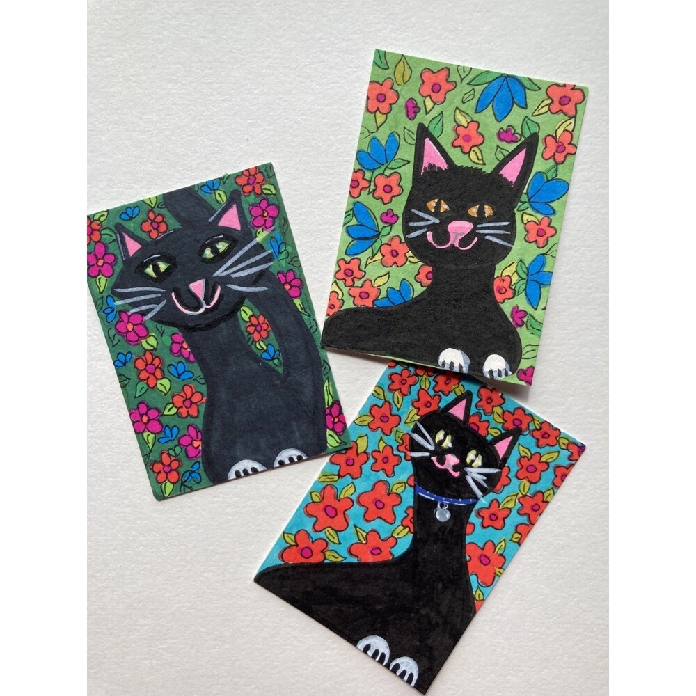 ACEO Original Paintings Set of 3 Black Cat Folk Art Floral Flowers Garden OOAK
